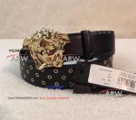 Perfect Replica Versace Gold Buckle And Multihole Black Leather Belt